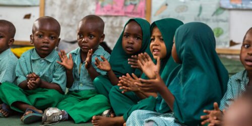 Caption: Children sing and clap during the Kindergarten One class at Ummul Qura Primary School in Mbuwani, Kwale County, Kenya.

Location: Mbuwani Village, Kwale County, Kenya

Project: SESEA

Institution: AKF