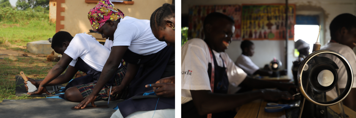 Two photos. On the left, a group of women are sitting on the ground, using tools to make leather shoes. On the right, women are sitting at sewing machines.