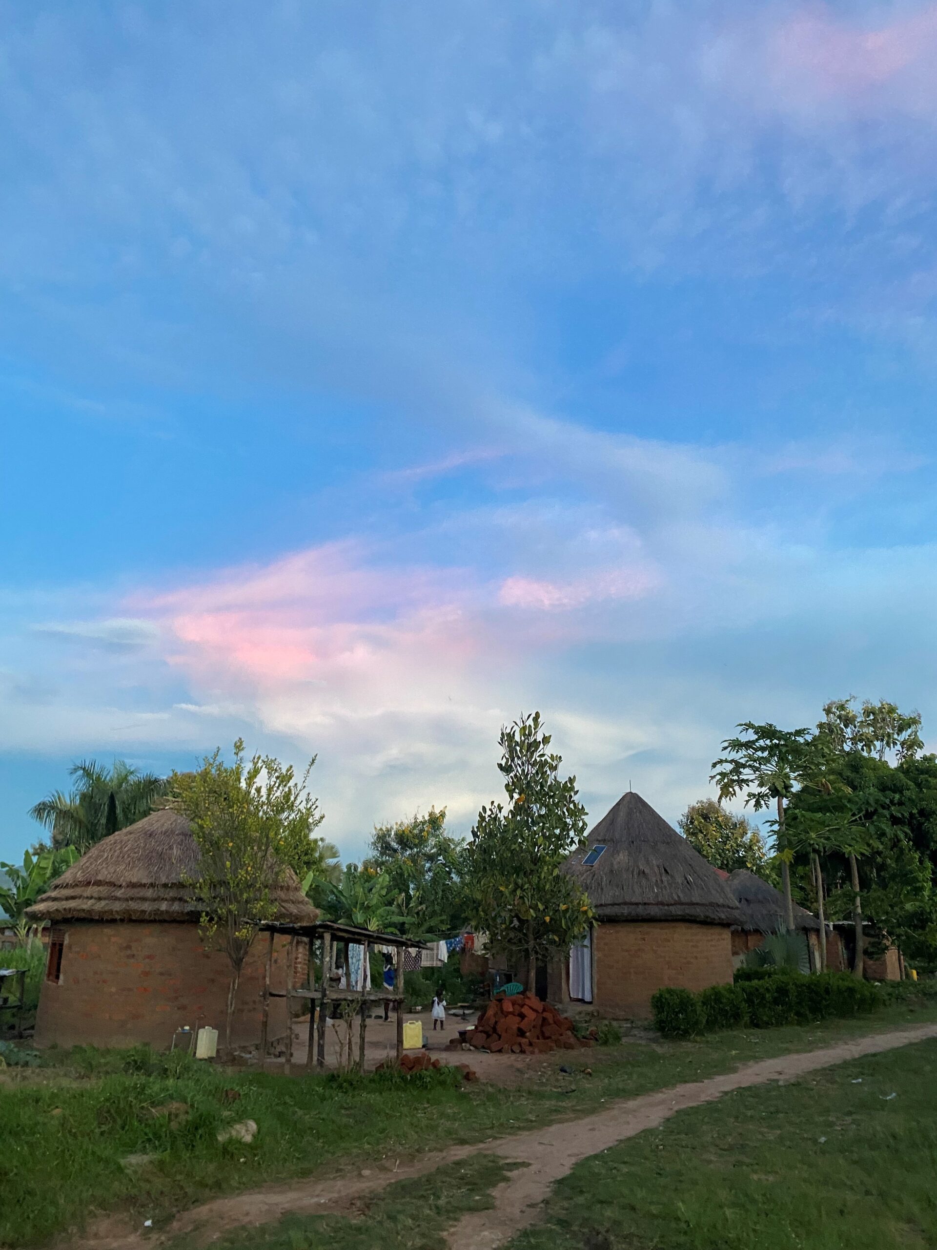 Two small buildings with thatched roofs, surrounded by trees and foliage. Above them is a blue and pink sky.